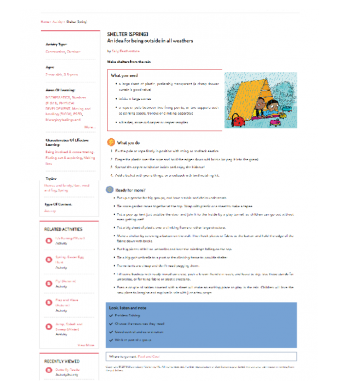 This is an example activity which shows the left hand search bar showing CoEL, ages, areas of learning and the blue box at the bottom showing links to Development Matters and the Early Learning Goals