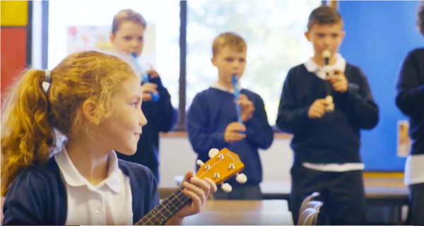 Children playing musical instruments in Musicl School class