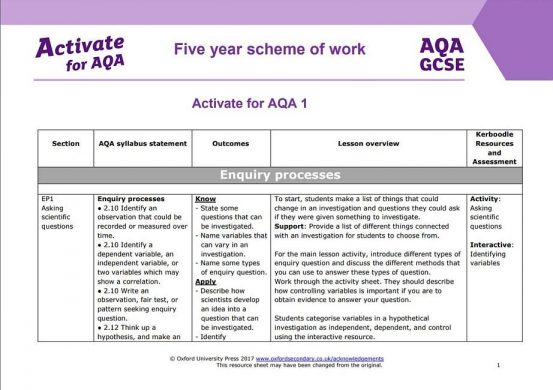 AQA Activate scheme of work screenshot