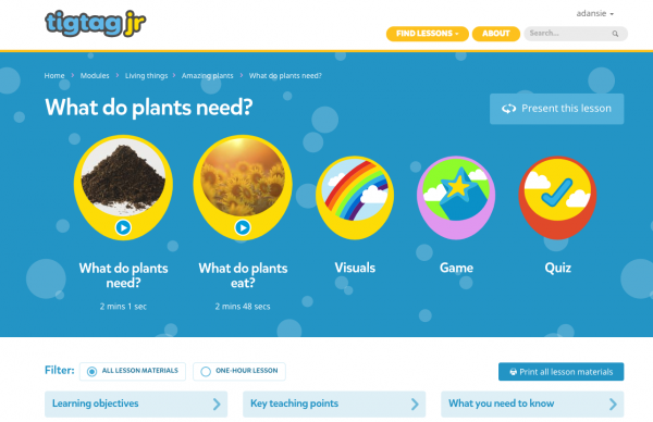 Screenshot of a TigTag Junior lesson - what do plants need? Showing the films included in the lessons, the extra visuals, game and quiz