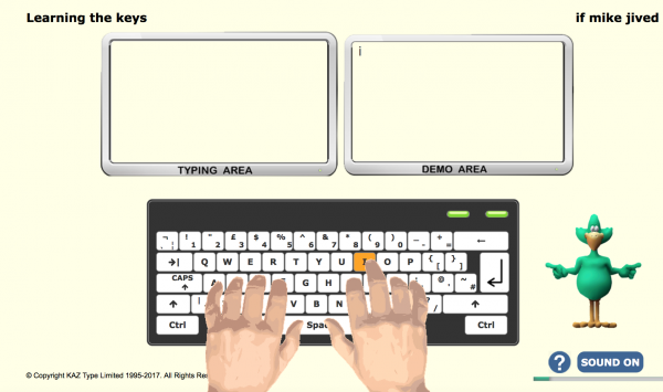 Student learns to type the a-z keys using our five scientifically structured phrases designed to teach the fingers of both hands to type symmetrically and simultaneously.