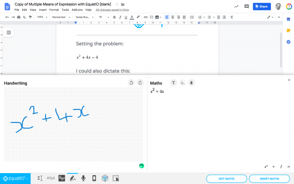 Screenshot of EquatIO's handwriting recognition feature