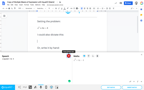 Screenshot showing EquatIO's speech input feature