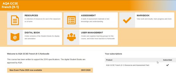 AQA GCSE French Kerboodle homepage