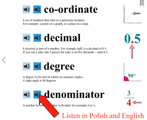 co-ordinbates, decimal, degree, denominater explained in Polish and English