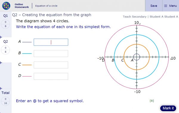 Online homework example: equations of a circle