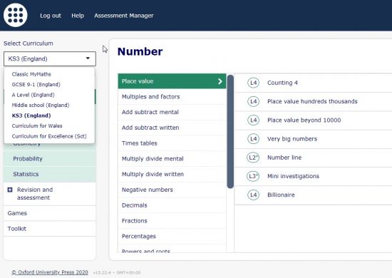 Screenshot of the curriculum selector function within MyMaths