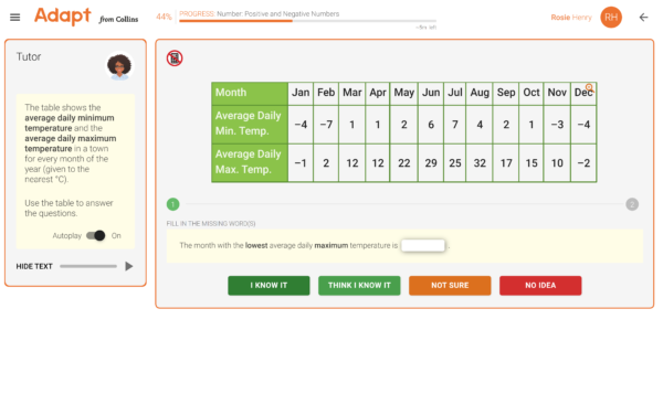 Adapt Maths question from the Number: Positive and Negative number module. The question presents the user with average daily minimum and maxiumum temperatures over a year and asks the user to identify the month with the lowest average daily maximum temperature. It flags that you should not use a calculator for this question. It also asks the user how confident they are in their answer, from 'I know it' to 'No idea'