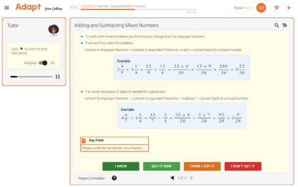 Adapt Maths tutor notes from the Number: Positive and Negative number module. The screen displays some useful information about adding and subtracting mixed numbers. Users can have the text read aloud by the tutor if they wish. It also asks the user how confident they are in their answer, from 'I know it' to 'No idea'